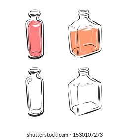 Vector glassware bottles with liquids inside in cartoon doodle style