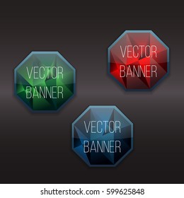 Vector glassy Hexagon buttons, banners. Graphic design Can be used for website and promotion. Vector Illustration