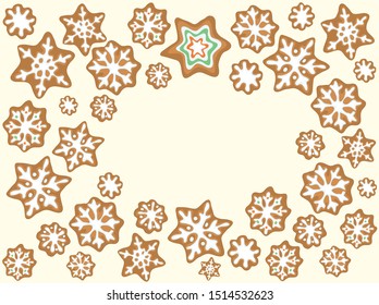 vector glazed cookies in the shape of stars and snowflakes top view. holiday baking