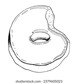 El vector acristaló una ilustración gráfica dibujada a mano en blanco y negro. Vista superior, rosquilla mordida para panadería y café