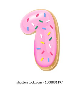 Vector glazed pink number 1 from donut font. Sweet tasty cookie figure. Food vector illustration