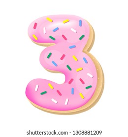 Vector glazed pink number 3 from donut font. Sweet tasty cookie figure. Food illustration