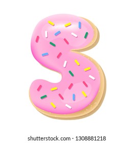 Vector glazed pink number 5 from donut font. Sweet tasty cookie figure. Food illustration