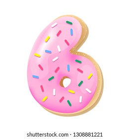 Vector glazed pink number 6 from donut font. Sweet tasty cookie figure. Food illustration