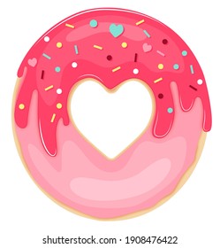 Vector glazed and sprinkles donut. Top view. Valentine Donut.