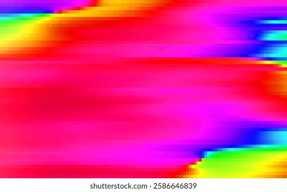 Vector glitch abstract background with vibrant digital distortion. Bright neon colors blend with pixelated noise. Futuristic cyberpunk aesthetic.
