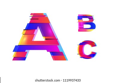 Vector glitch alphabet design.Neon colorful glitch style.Colofrul bold font,abstract type for creative heading,advertising placard.neon glowing letters.tv distortion effect.Halftone,laser cutting