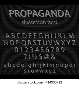 Vector Glitch alphabet. Letter and numbers. Glitched typeface with noise background. Distortion modern font set with interference effect. Vintage analog TV text effect.