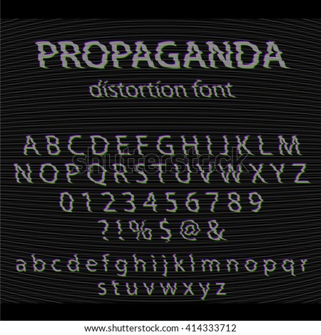Vector Glitch alphabet. Letter and numbers. Glitched typeface with noise background. Distortion modern font set with interference effect. Vintage analog TV text effect.