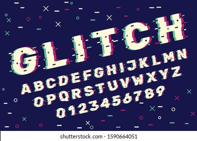 Vector glitch alphabet A to Z and numbers 0 to 9 illustration on dark blue background. Trendy broken glitch and dirstored typeface. Fault font effect