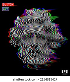 Vector glitch art in RGB offset colored oscillator line halftone illustration of classical head sculpture of bearded old man from 3d rendering in old CRT TVs and VHS corrupted style graphics.