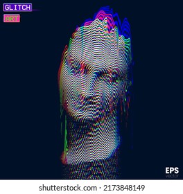 Vector glitch art in RGB offset colored oscillator line halftone illustration from 3D rendering of  female classical head sculpture on black background.