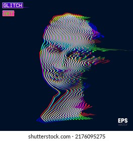 Vector glitch art in RGB offset colored oscillator line halftone illustration from 3D rendering of  female classical head sculpture on black background.