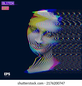 Vector glitch art in RGB offset colored oscillator line halftone illustration from 3D rendering of  female classical head sculpture on black background.