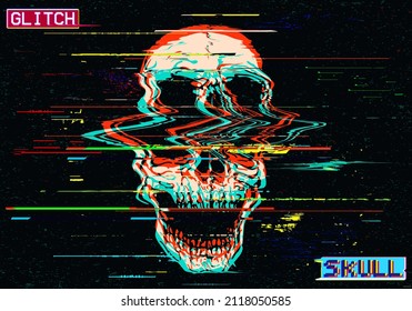 Vector GLITCH ART screaming skull illustration in the style of old TV and VHS and RGB mode corrupted graphics signal on black background.