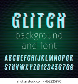 Vector glitch background and font. Letters and numbers with distortion effect.