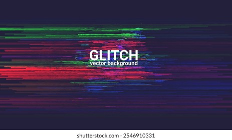 Vector glitch background with vibrant digital distortion in red, green, and blue lines on dark. Perfect for tech, abstract, and futuristic designs.