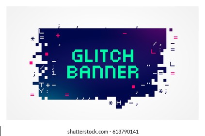 Vector Glitch Banner With Text Placeholder. Geometric Talk Bubble With Broken Pixel Effect On The Edges On A Dark Background.