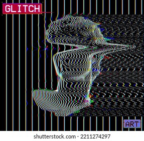 Vector glitch color RGB offset deformed classical head sculpture on dark background background in the style of old tv monitors oscilloscope line design.