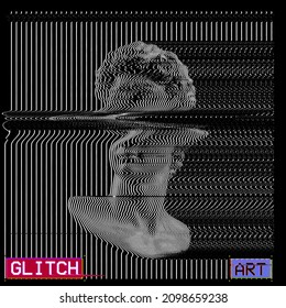 Vector glitch deformed classical head sculpture on dark background background in the style of old tv monitors oscilloscope line design.