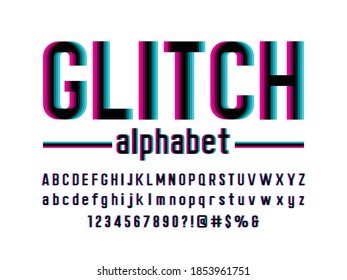 Vector glitch display font design with uppercase, lowercase, numbers and symbol
