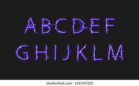 Vector Glitch Distortion Glowing Font, Purple Bright Color, First Part of the Alphabet Isolated on Black Background, Shining Illustration.