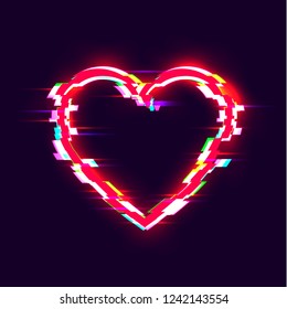 Vector Glitch Effect Heart Icon, Glowing Illustration Isolated on Dark Background, Shining Love Symbol.