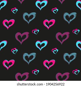 Vector glitch effect seamless pattern from hearts, pink and blue color, on a black background stylization, сreative graphic design for poster, brochure, flyer, postcard, textile, modern valentines day