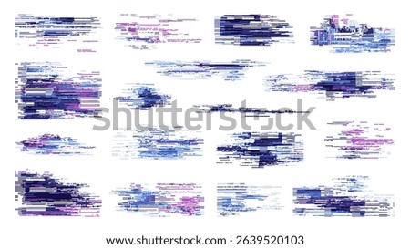 Vector glitch elements for graphic design. Abstract digital disturbance lines for modern art. Cyberpunk visual effect. Vector graphics.