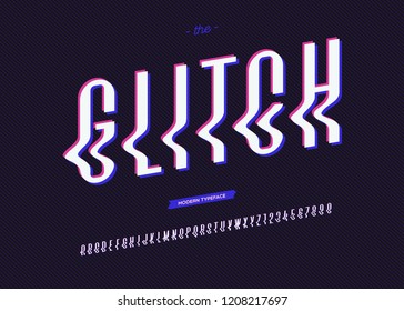 Vector glitch font trendy typography sans serif style for book, promotion, poster, decoration, t shirt, sale banner, printing on fabric. Cool alphabet. Modern typeface. 10 eps