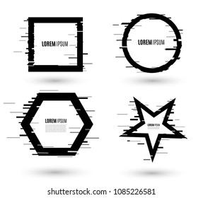 Vector glitch frames set. Geometric shapes with distortion effect.Glow Design for Graphic Design - Banner, Poster, Flyer, Brochure, Card. Vector Illustration.