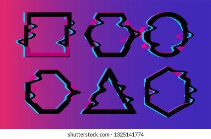 Vector glitch frames set. Geometric shapes with Tv distortion effect. Circle, triangle and square with vhs glitch effect.