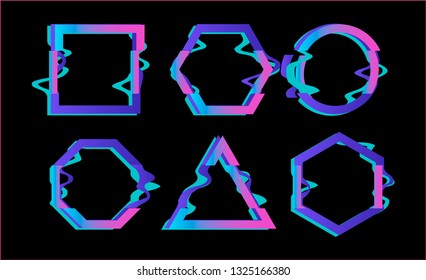 Vector glitch frames set. Geometric shapes with Tv distortion effect. Circle, triangle and square with vhs glitch effect.