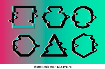 Vector glitch frames set. Geometric shapes with Tv distortion effect. Circle, triangle and square with vhs glitch effect.