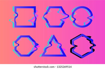 Vector glitch frames set. Geometric shapes with Tv distortion effect. Circle, triangle and square with vhs glitch effect.