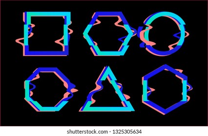 Vector glitch frames set. Geometric shapes with Tv distortion effect. Circle, triangle and square with vhs glitch effect.