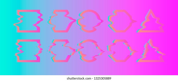 Vector glitch frames set. Geometric shapes with Tv distortion effect. Circle, triangle and square with vhs glitch effect.