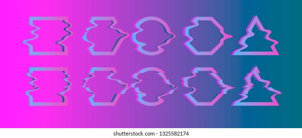 Vector glitch frames set. Geometric shapes with Tv distortion effect. Circle, triangle and square with vhs glitch effect.