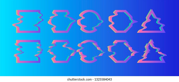 Vector glitch frames set. Geometric shapes with Tv distortion effect. Circle, triangle and square with vhs glitch effect.