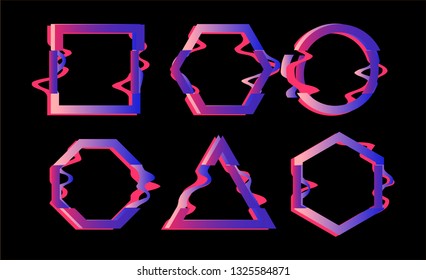 Vector glitch frames set. Geometric shapes with Tv distortion effect. Circle, triangle and square with vhs glitch effect.