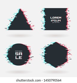 Vector glitch frames set. Geometric shapes with Tv distortion effect. Circle, triangle, rhombus and square with vhs glitch texture. Applicable for banner design,invitation, party flyer etc.