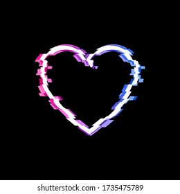 Vector Glitch Heart Icon, Technology Illustration Background, Gradient Colored Love Symbol on Black Backdrop.