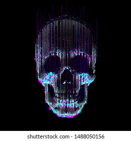 Vector glitch line- art skull.  Human skull front view, enlightened from under, made by vertical lines and color particles and pixels. 