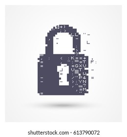 Vector glitch lock icon. Padlock pictogram with glitch effect: random numbers and symbols.