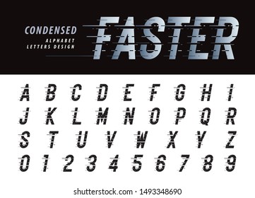 Vector of Glitch Modern Alphabet Letters and numbers, Grunge linear stylized fonts, Speed effect faster motion, italic Letter set for Futuristic, universal, Digital, Technology, Future, Branding.