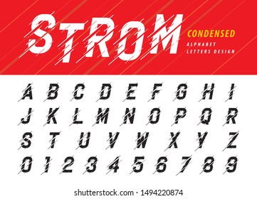 Vector of Glitch Modern Alphabet Letters and numbers, Moving stylized fonts, Speed effect faster motion Font, Italic Letter set for Futuristic,Universal,Digital,Technology, Future, Branding & Identity