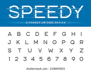 Vector of Glitch Modern Alphabet Letters and numbers, Grunge linear stylized fonts, Speed effect faster motion, Minimal italic Letter set for Futuristic, universal, Digital, sci-fi, Technology, Future
