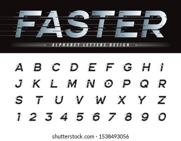 Vector of Glitch Modern Alphabet Letters and numbers, Grunge linear stylized fonts, Speed effect faster motion, italic Letter set for Futuristic, universal, Digital, Technology, Future, Branding.