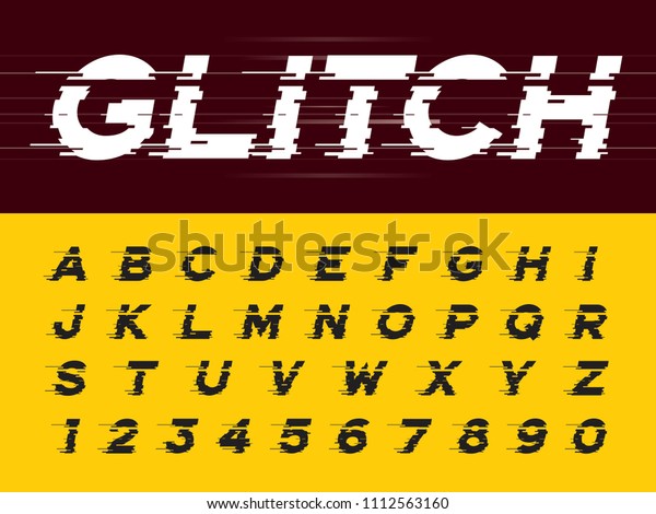 Vector of Glitch Современный алфавит Буквы и числа, Grunge линейные стилизованные округлые шрифты, курсивные буквы набор для футуристических, универсальный, цифровой, научно-фантастический, технологии, будущее, геометрический, скорость, военный