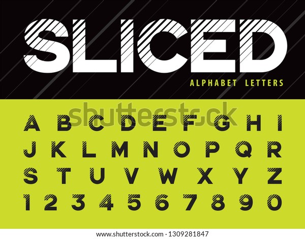 現代のギラギラした文字と数字のベクター画像 グランジ線形スタイル化フォント 未来的 壊れた ユニバーサル ブランディング用の最小文字セット のベクター画像素材 ロイヤリティフリー